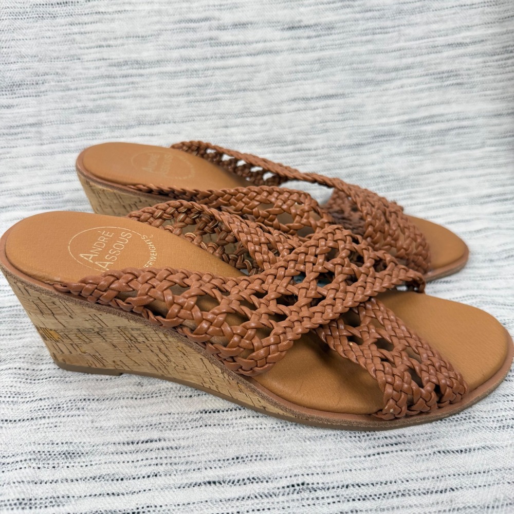 Andre Assous Featherweights Bryana Tan Woven Cork Wedge Sandals 7 Slip On Beachy